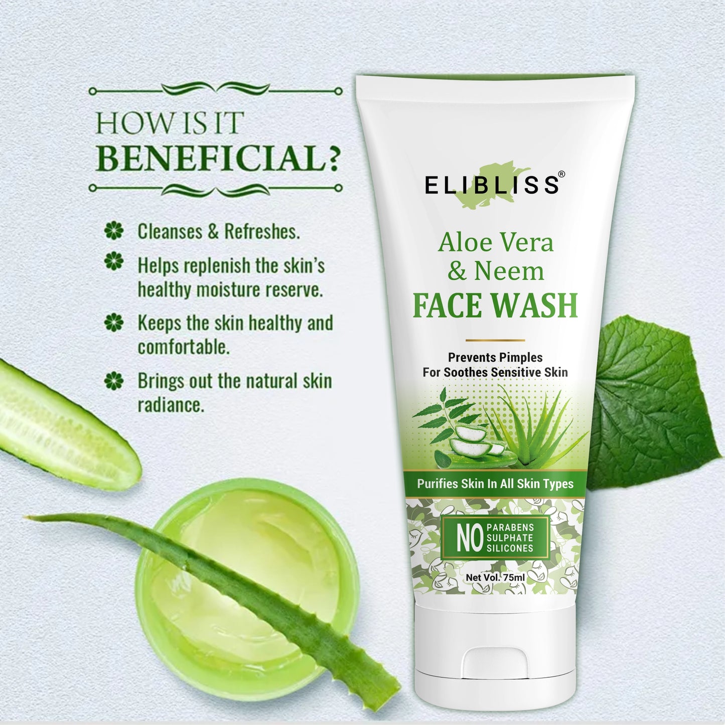 Neem & Aloe Vera Deep Cleansing, Acne, Pimples-No Parabens, Sulphates Face Wash and Whitening, Pigmentation, Glowing for all Skin