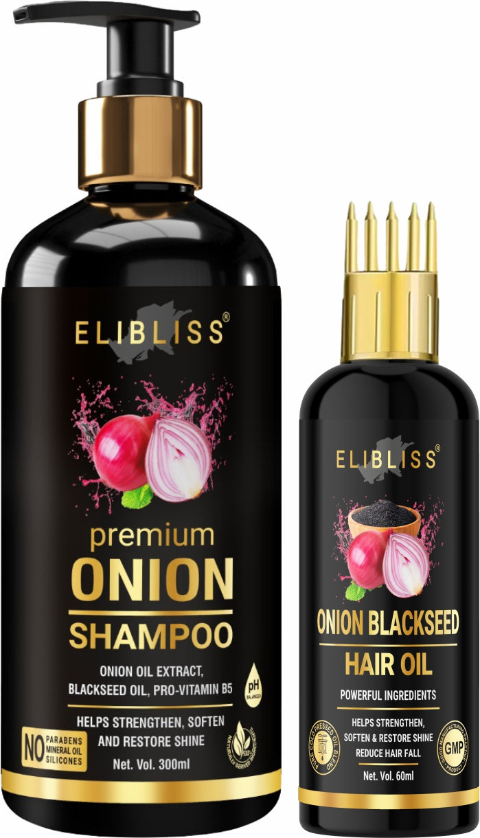 Premium red onion extract and black seed oil infused in the shampoo & Hair oil improves circulation to the scalp and roots.