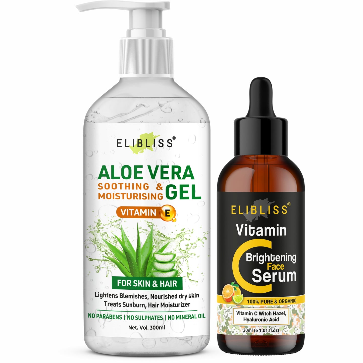 Hydrate and Glow: 300 ml Aloe Vera Gel and 30 ml Vitamin C Serum Combo for Radiant and Nourished Skin