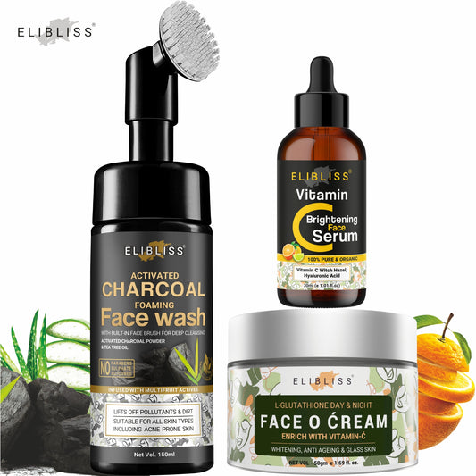 Elibliss Charcoal Face Wash, Vitamin C Serum, and Face Cream for Clear, Glowing, and Hydrated Skin - Your Ultimate Skincare Routine!