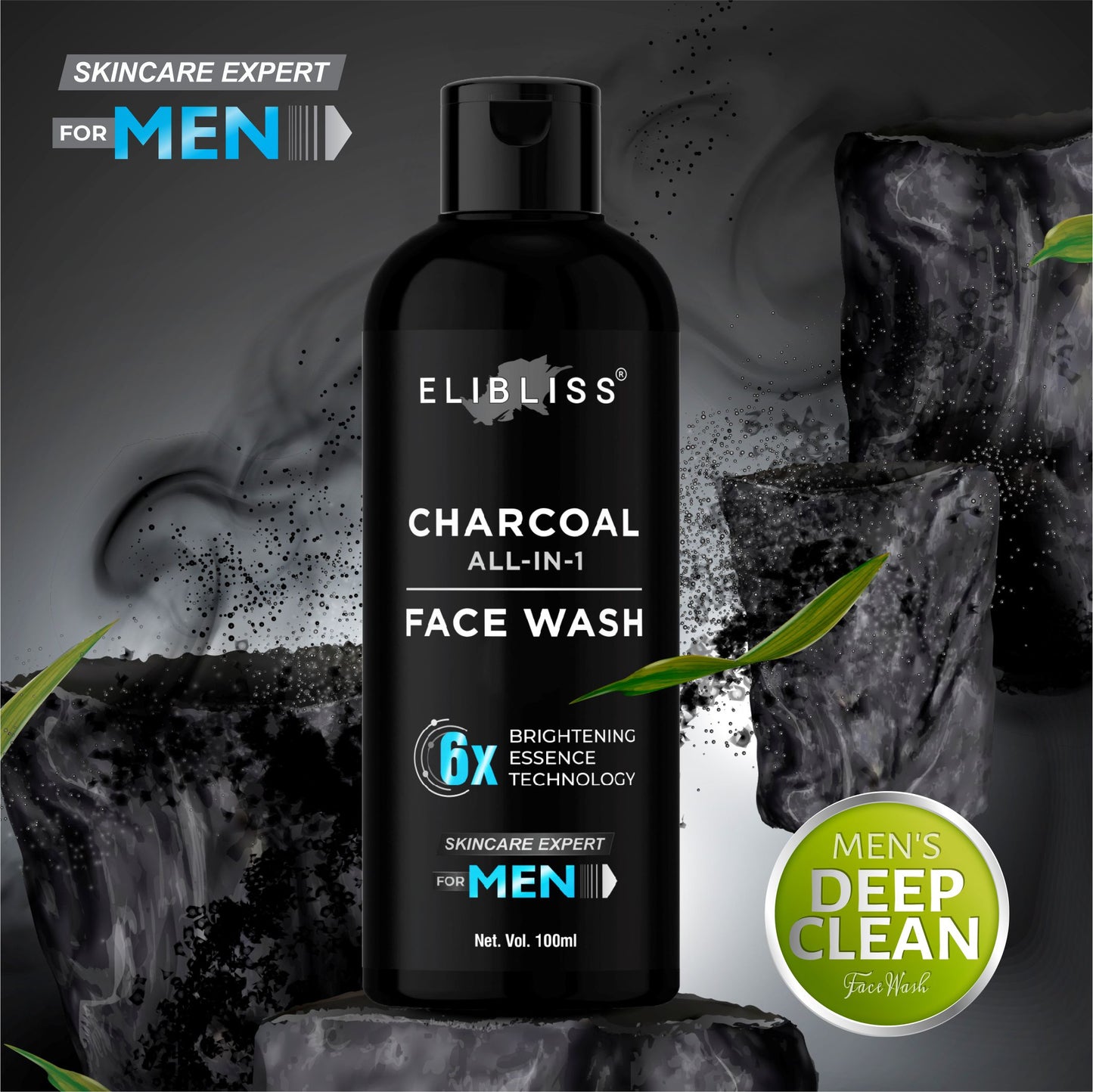 Elibliss Activated Charcoal Face Wash for Men Skin Whitening, Anti-Pollution Deep Clean 100 ml