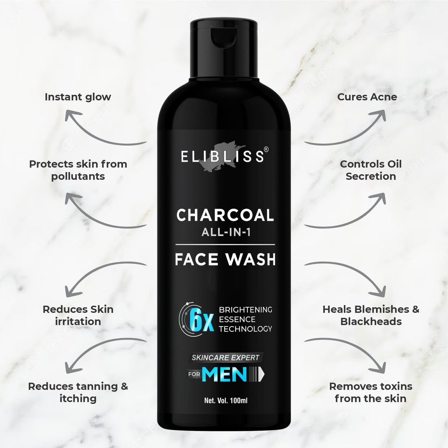 Elibliss Activated Charcoal Face Wash for Men Skin Whitening, Anti-Pollution Deep Clean 100 ml