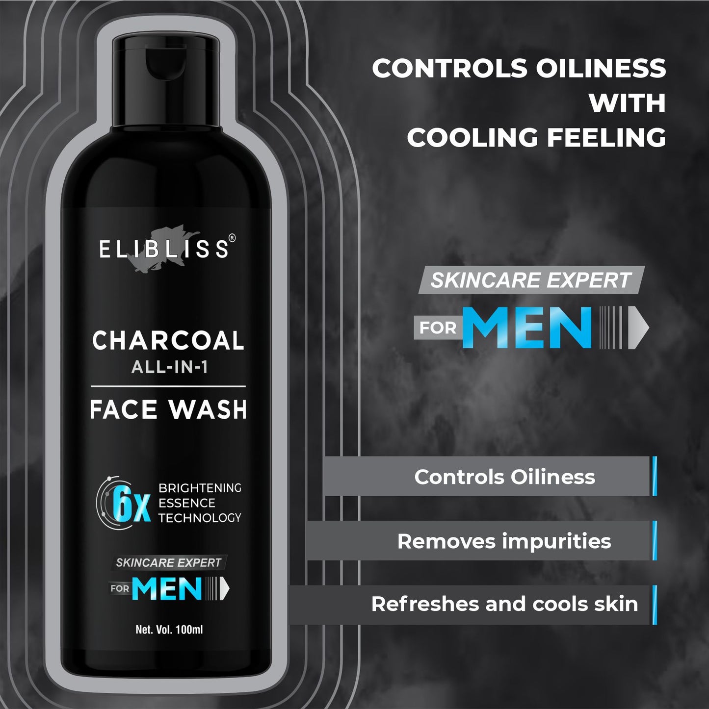 Elibliss Activated Charcoal Face Wash for Men Skin Whitening, Anti-Pollution Deep Clean 100 ml