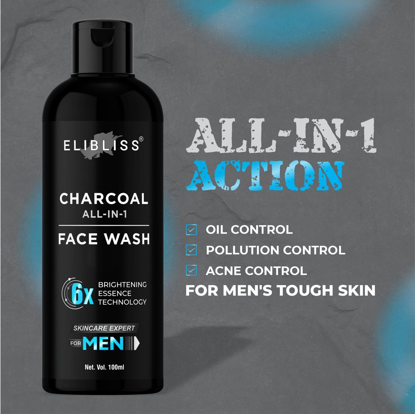 Elibliss Activated Charcoal Face Wash for Men Skin Whitening, Anti-Pollution Deep Clean 100 ml