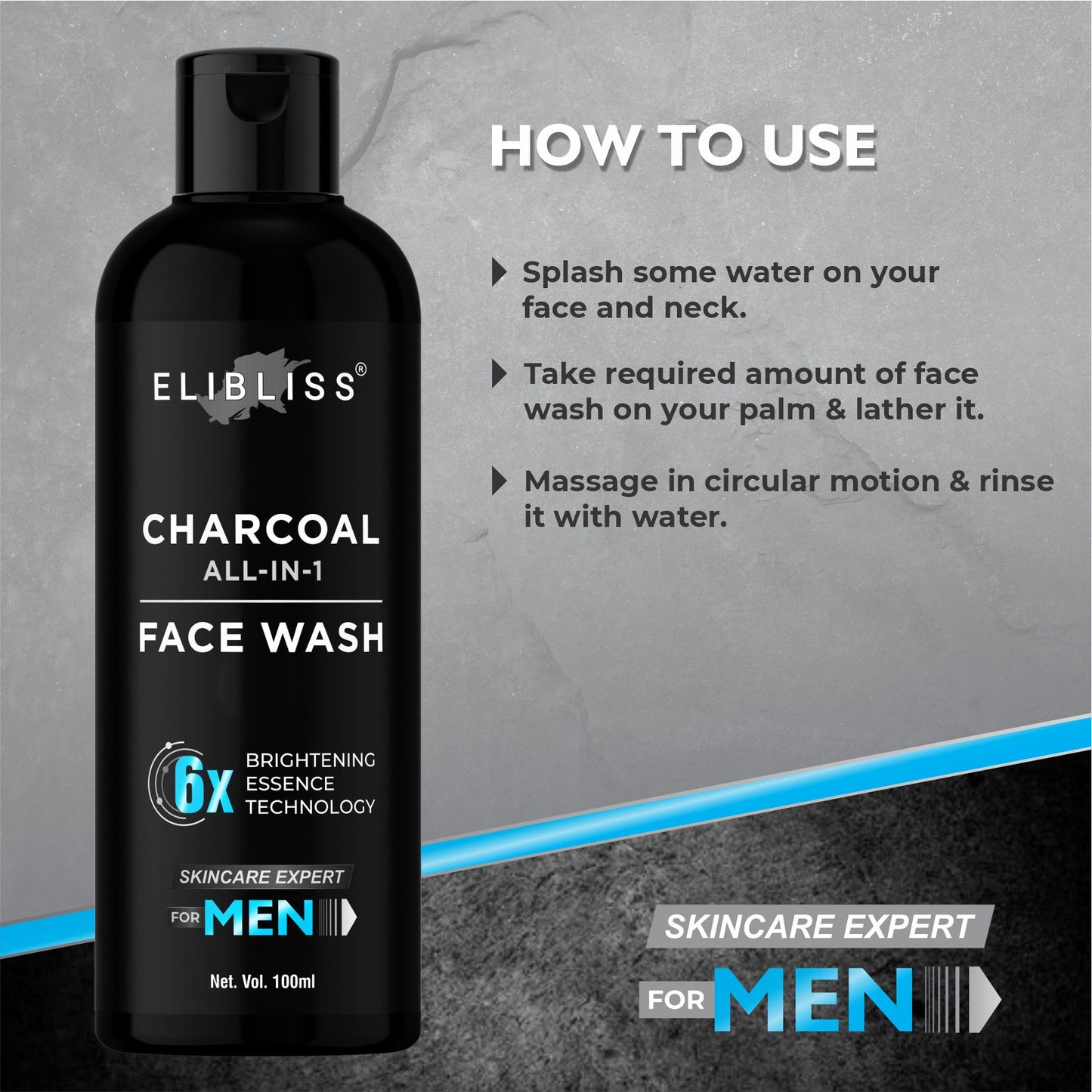 Elibliss Activated Charcoal Face Wash for Men Skin Whitening, Anti-Pollution Deep Clean 100 ml