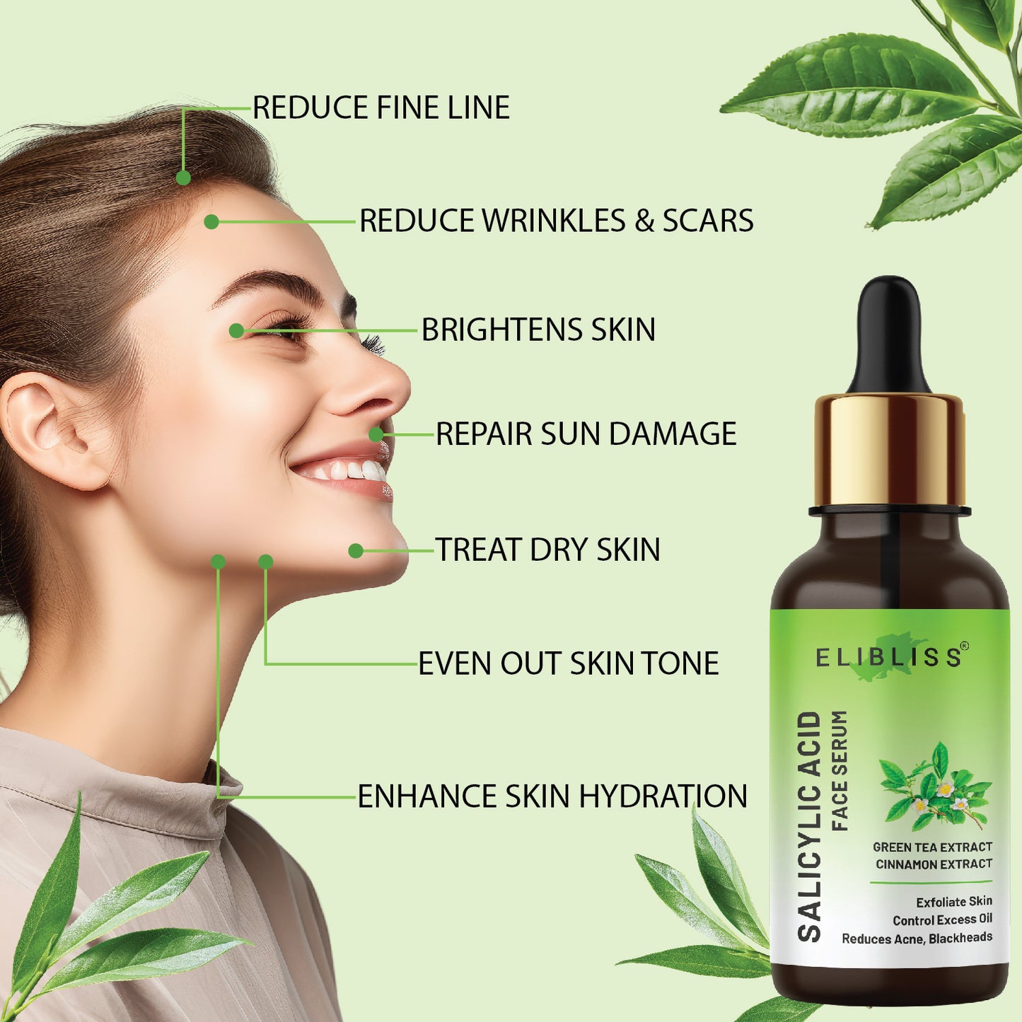 Green Tea and Cinnamon Extract Salicylic Acid Face Serum for Exfoliate Skin