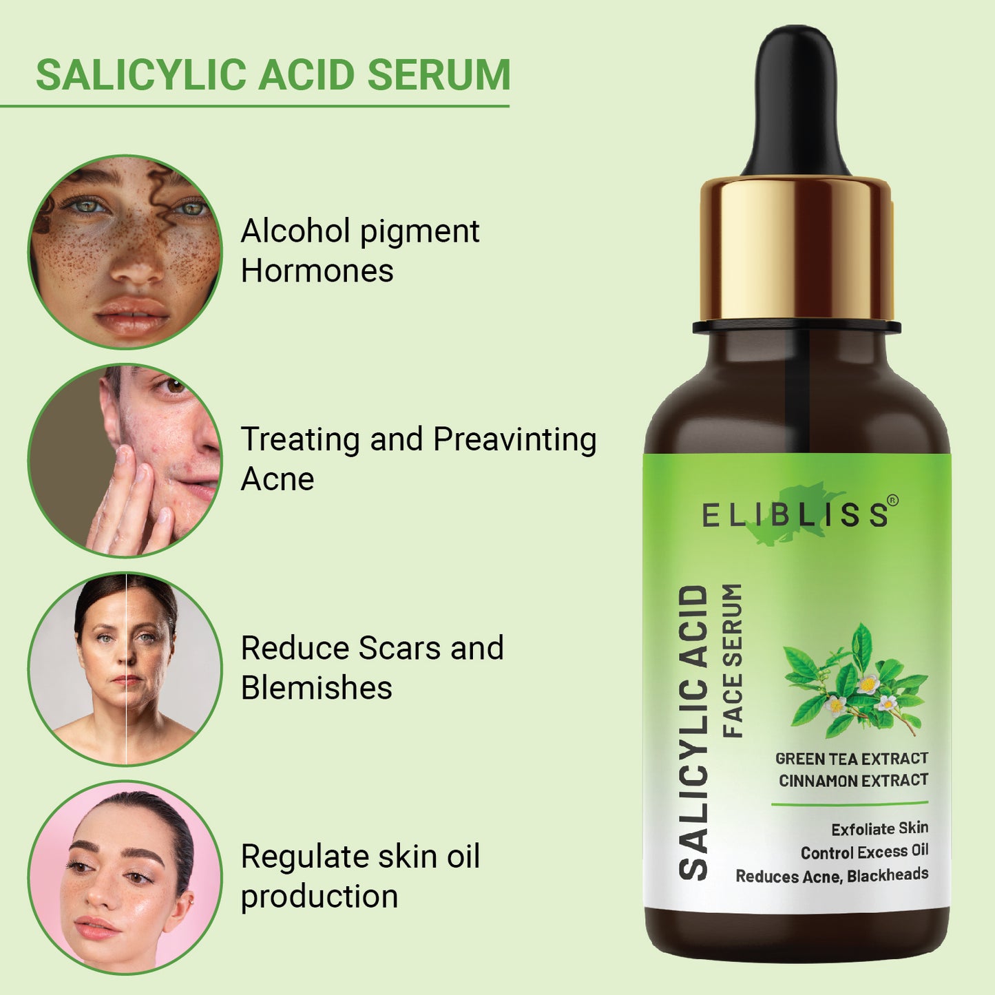 Green Tea and Cinnamon Extract Salicylic Acid Face Serum for Exfoliate Skin