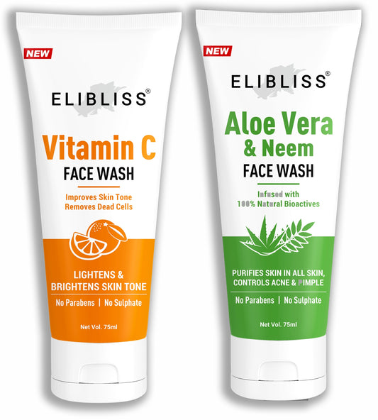 Vitamin C Face Wash & Neem Face Wash - Vitamin C  Brighten and Aloe Vera Neem Face Wash for Oil Free Look Instant Glow