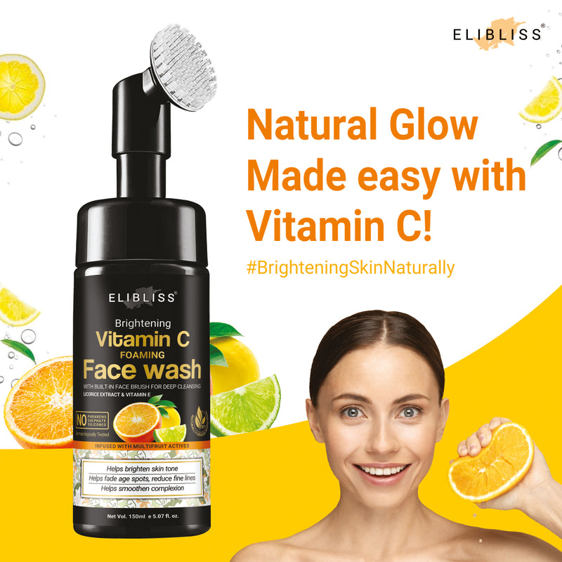 ELIBLISS Brightening Vitamin C Foaming Face Wash With Built-In Face Cleanser Brush For Deep Cleansing, Bright Beauty Spot-less Glow - No Parabens, Silicones