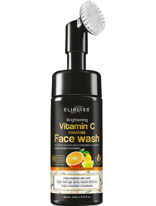 ELIBLISS Brightening Vitamin C Foaming Face Wash With Built-In Face Cleanser Brush For Deep Cleansing, Bright Beauty Spot-less Glow - No Parabens, Silicones